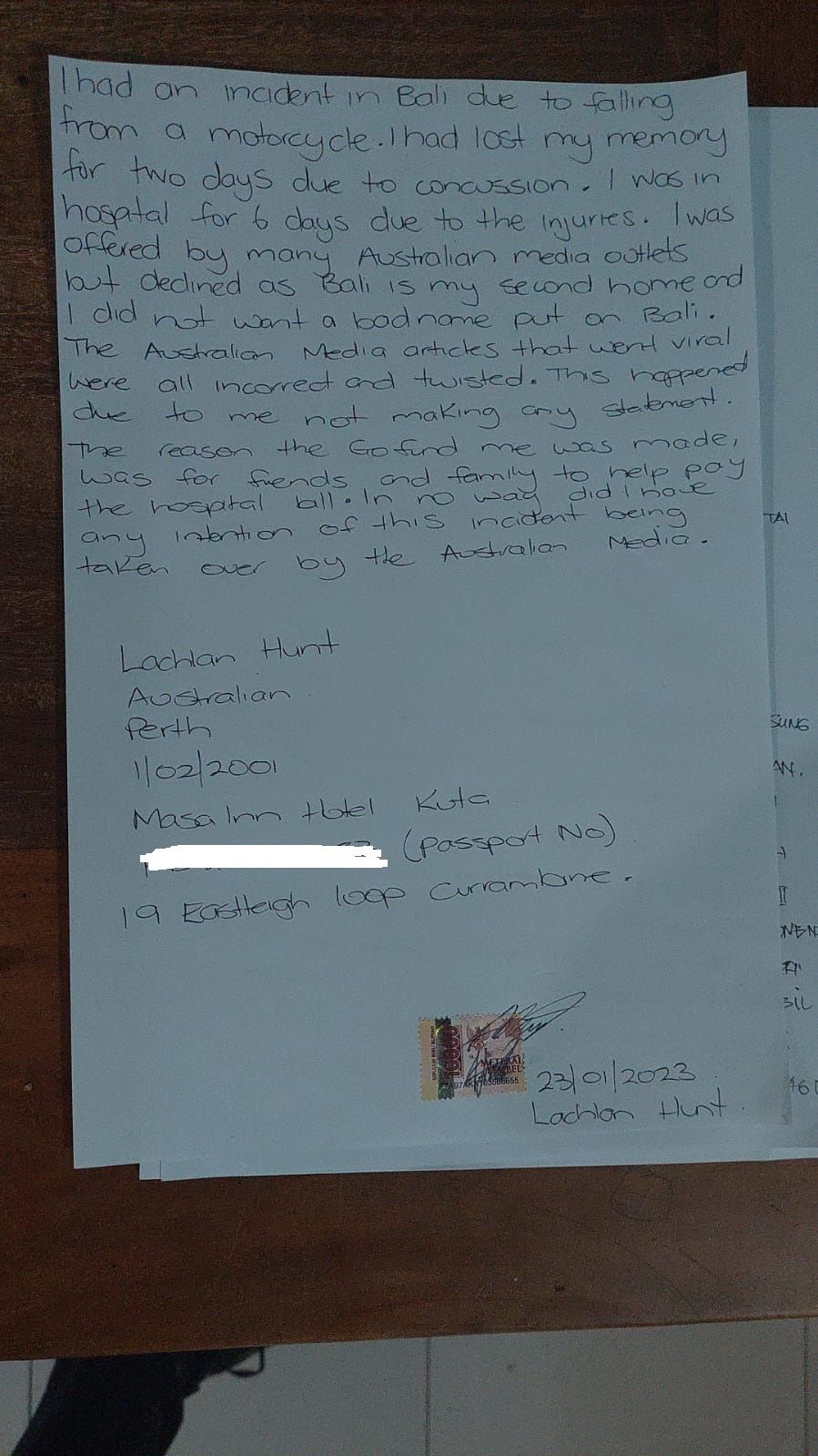 Surat yang ditulis Lachlan Brian Hunt.
