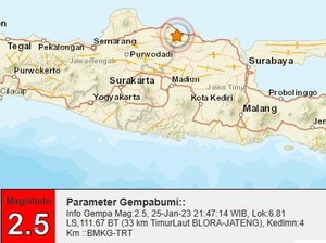 Gempa Darat M 2,5 Terjadi di Blora Malam Ini