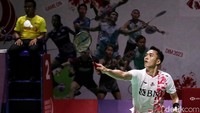Jonatan menghadapi Nhat Nguyen pada babak pertama (32 besar) Indonesia Masters 2023 di lapangan 2 Istora Senayan, Jakarta, Rabu (25/1/2023).  