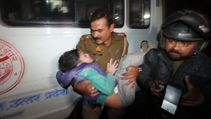 LUCKNOW, INDIA - JANUARY 24: A multi storey building collapsed in Lucknow Wazir Hasan road, heart of the city on Tuesday evening, on January 24, 2023 in Lucknow, India. Several people are feared trapped inside the debris of a multi-story building which collapsed in Lucknow's Wazir Hassan area on Tuesday. Two JCB machines and a team from state disaster relief force (SDRF) are at the spot to clear the debris and carry out the rescue operation. (Photo by Deepak Gupta/Hindustan Times via Getty Images)