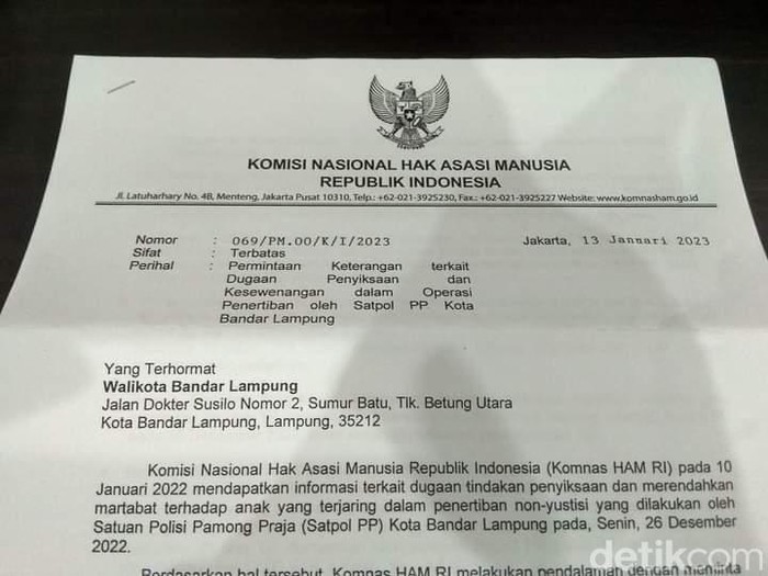 Potongan surat pemanggilan Komnas HAM kepada Wali Kota Bandar Lampung Eva Dwiana.
