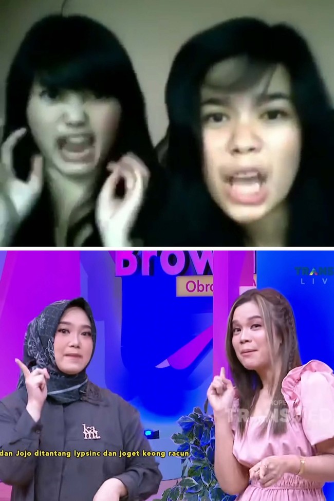 Nama Sinta Nurmansyah dan JoJoevita Adityasari mulai dikenal publik usai aksi lipsync membawakan lagu Keong Racun meluas di media sosial pada 2010. Saat itu sosok keduanya langsung melejit di dunia hiburan Tanah Air dan jadwal mereka mendadak padat karena diundang sebagai bintang tamu di berbagai kesempatan. Foto: Dok. Youtube Trans Tv Official.