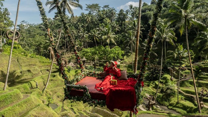 UBUD, BALI, INDONESIA - DECEMBER 8: A foreign tourist uses a swimming pool with a rice terrace in the background on December 8, 2022 in Ubud, Bali, Indonesia. Indonesias parliament voted to pass a law that bans extramarital sex on Tuesday, in a move that critics quoted in local media have said will severely impact the tourism industry. Regions like Bali rely heavily on an influx of foreign tourists to keep their economies afloat, and the new law has raised concerns just as international arrivals start to pick up again post-pandemic.  (Photo by Agung Parameswara/Getty Images)