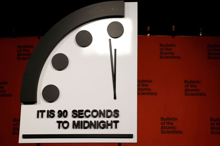 WASHINGTON, DC - JANUARY 24: The 2023 Doomsday Clock is moved ahead of a live-streamed event with members of the Bulletin of the Atomic Scientists on January 24, 2023 in Washington, DC. This year the Doomsday Clock is set at ninety seconds to Midnight (Photo by Anna Moneymaker/Getty Images)
