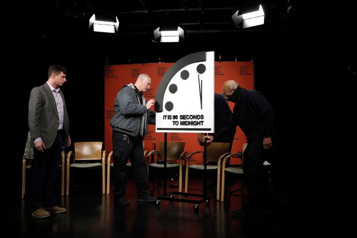 WASHINGTON, DC - JANUARY 24: The 2023 Doomsday Clock is moved ahead of a live-streamed event with members of the Bulletin of the Atomic Scientists on January 24, 2023 in Washington, DC. This year the Doomsday Clock is set at ninety seconds to Midnight (Photo by Anna Moneymaker/Getty Images)