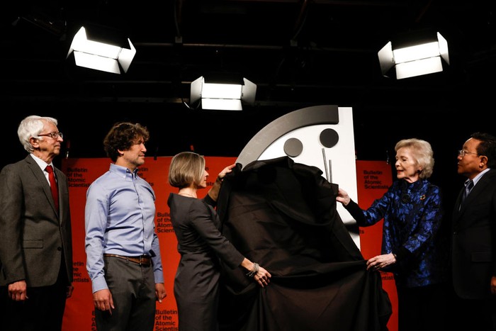 WASHINGTON, DC - JANUARY 24: The 2023 Doomsday Clock is moved ahead of a live-streamed event with members of the Bulletin of the Atomic Scientists on January 24, 2023 in Washington, DC. This year the Doomsday Clock is set at ninety seconds to Midnight (Photo by Anna Moneymaker/Getty Images)