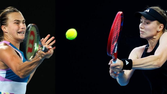FILE PHOTO (EDITORS NOTE: COMPOSITE OF IMAGES - Image numbers 1459608502, 1459559744 - GRADIENT ADDED) In this composite image a comparison has been made between Aryna Sabalenka (L) and Elena Rybakina. They will meet in the Australian Open Women’s Final on January 28,2023 at  Melbourne Park in Melbourne, Australia.  ***LEFT IMAGE*** MELBOURNE, AUSTRALIA - JANUARY 26: Aryna Sabalenka plays a forehand in the Semifinal singles match against Magda Linette of Poland during day 11 of the 2023 Australian Open at Melbourne Park on January 26, 2023 in Melbourne, Australia. (Photo by Graham Denholm/Getty Images) ***RIGHT IMAGE*** MELBOURNE, AUSTRALIA - JANUARY 26: Elena Rybakina of Kazakhstan plays a backhand in the Semifinals singles match against Victoria Azarenka during day 11 of the 2023 Australian Open at Melbourne Park on January 26, 2023 in Melbourne, Australia. (Photo by Darrian Traynor/Getty Images)