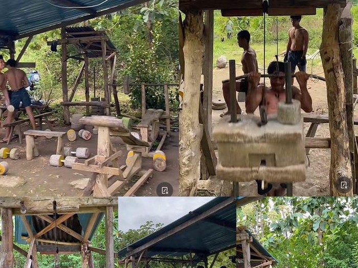 Beredar video viral, lokasi tempat gym dengan menggunakan peralatan semen dan kayu bikin kagum warganet.