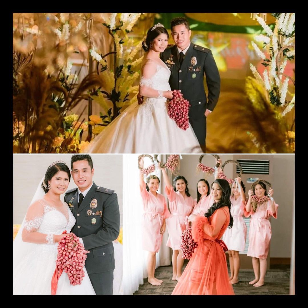 Pengantin di Filipina membawa buket bawang merah di pesta pernikahan.