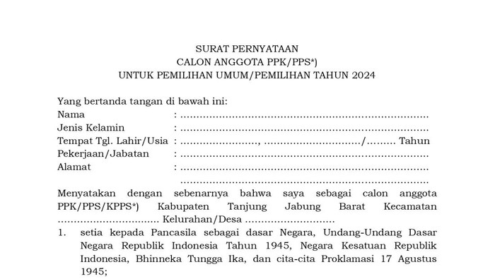 Contoh Surat Pernyataan Pantarlih Pemilu 2024