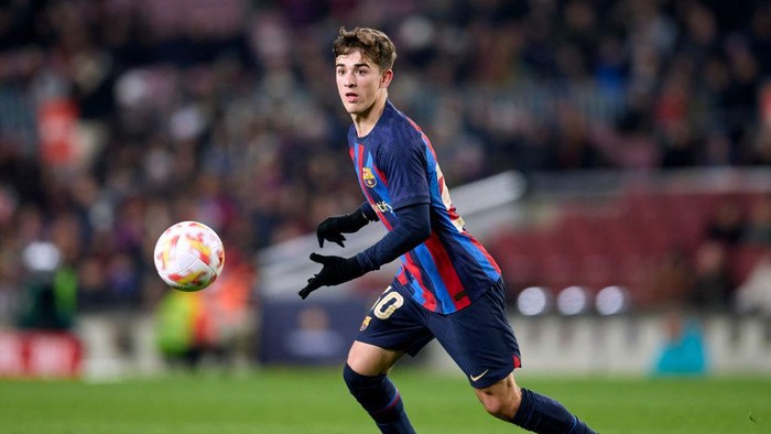 BARCELONA, SPAIN - JANUARY 25: Pablo Martin Gavi of FC Barcelona in action during the Copa Del Rey Quarter Final match between FC Barcelona and Real Sociedad at Spotify Camp Nou on January 25, 2023 in Barcelona, Spain. (Photo by Ion Alcoba/Quality Sport Images/Getty Images)