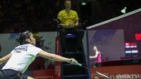 Gregoria bertanding melawan He Bing Jiao di Istora, Senayan, Jakarta, Kamis (26/1/2023).