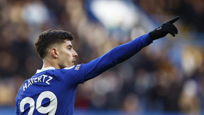 Soccer Football - Premier League - Chelsea v Crystal Palace - Stamford Bridge, London, Britain - January 15, 2023 Chelseas Kai Havertz celebrates scoring their first goal Action Images via REUTERS/Peter Cziborra EDITORIAL USE ONLY. No use with unauthorized audio, video, data, fixture lists, club/league logos or live services. Online in-match use limited to 75 images, no video emulation. No use in betting, games or single club /league/player publications.  Please contact your account representative for further details.