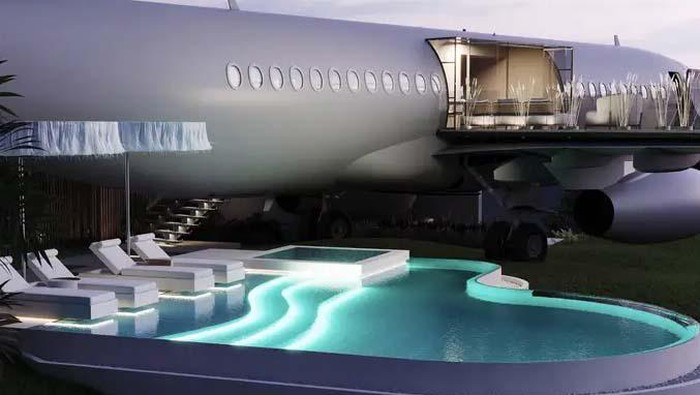 Pesawat Boeing 'Disulap' Jadi Villa Mewah di Bali Bertarif Rp 113 Juta/Malam Pesawat Boeing 737 milik maskapai Mandala Air yang sudah berhenti terbang pada tahun 2014 akan 'disulap' menjadi sebuah penginapan mewah.