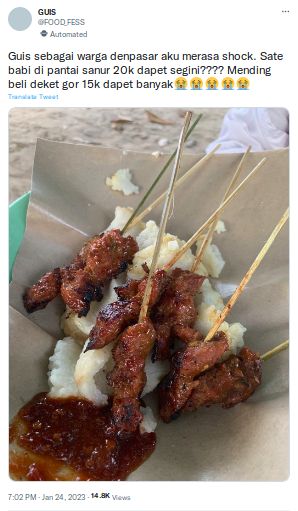 Sate babi di Pantai Sanur dianggap kemahalan oleh netizen.