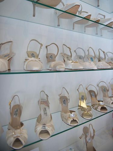 A selection of wedding themed high heeled shoes in fashion designer Jimmy Choo's showroom on Cannaught Street. (Photo by Mark Makela/Corbis via Getty Images)