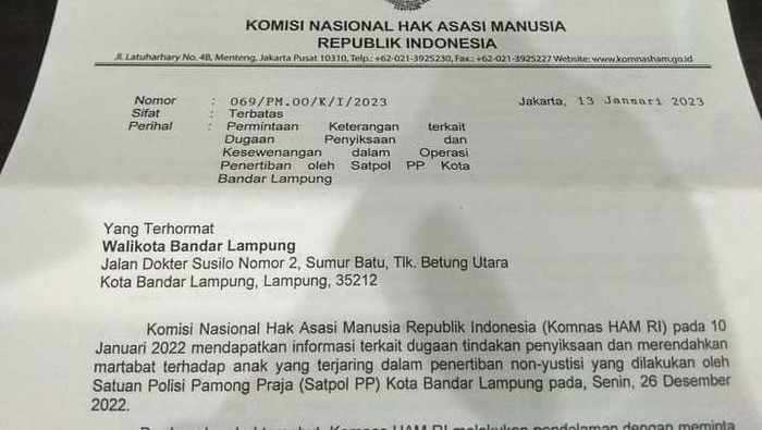 Surat pemanggilan Komnas HAM RI terhadap Walkot Bandar Lampung. (Foto: Istimewa)