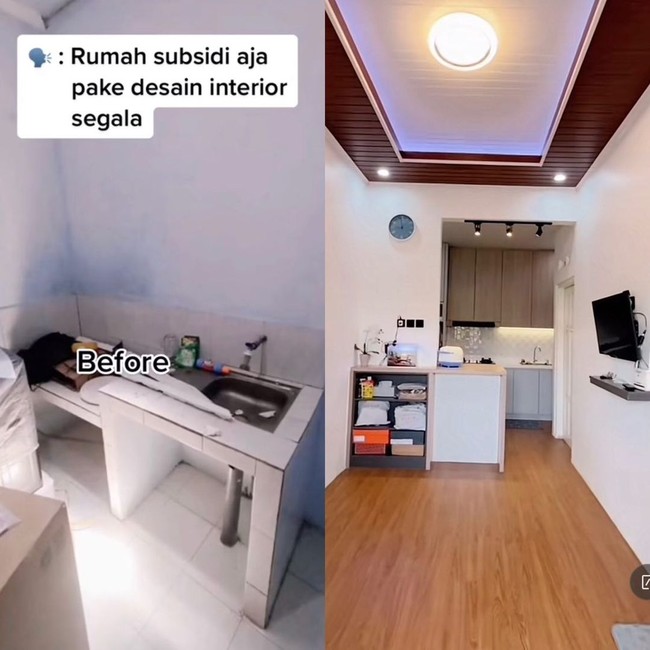 Dan inilah before after bagian dapur rumah subisidi milik Putri setelah renovasi memakai desain interior. Wanita yang tinggal di Kendal, Jawa Tengah ini mengungkapkan alasan menggunakan jasa desain interior untuk renovasi rumah. Kenapa pakai desain interior karena rumah kami kecil tapi ingin tetap merasa nyaman. Dengan desain interior bisa menterjemahkan keinginan menjadi nyata, mereka membantu mempelajari estetika dan pemanfaatan serta penataan ruangan agar terlihat lebih rapi walau dengan rumah ukuran 10x6, ungkap Putri kepada Wolipop lewat WhatsApp. Foto: Dok. TikTok @rrputtri.