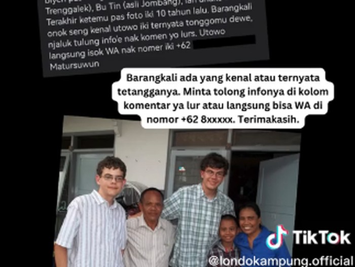 Beredar viral, bule Amerika mencari pengasuhnya ketika masih tinggal di Indonesia dan hilang kontak selama 10 tahun berpisah. Beredar viral, bule Amerika mencari pengasuhnya ketika masih tinggal di Indonesia dan hilang kontak selama 10 tahun berpisah.