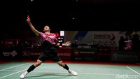 Jonatan Christie mengalahkan wakil India, Lakshya Sen, (15-21,21-10,21-13) di perempatfinal Indonesia Masters 2023, Istora Senayan, Jakarta, Jumat (27/1/2023).