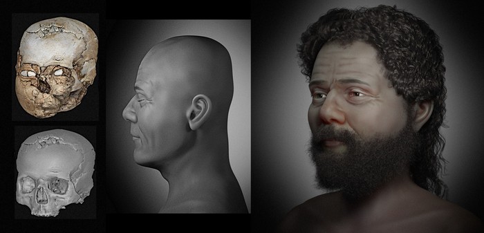 Tengkorak laki-laki Jericho dari zaman Neolitikum beserta 3D model tengkoraknya, rekonstruksi versi abu-abu, dan versi berwarna dan berjanggut.