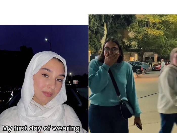 Wanita yang bernama Sagda Mohamed, memperlihatkan reaksi para sahabat ketika melihatnya pertama kali berhijab. Wanita yang bernama Sagda Mohamed, memperlihatkan reaksi para sahabat ketika melihatnya pertama kali berhijab.