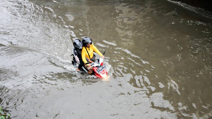 Pengendara melintasi jalan yang tergenang air di Desa Kureksari, Waru, Sidoarjo, Jawa Timur, Minggu (29/1/2023). Curah hujan tinggi dan daya tampung sungai yang belum memadai serta drainase yang buruk mengakibatkan air menggenangi ruas jalan dan kawasan pemukiman warga. ANTARA FOTO/Umarul Faruq/nym.