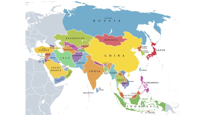 Continent Asia, political map with colored single states and countries. With the Asian part of Russia and Turkey and Sinai Peninsula as African part. English labeling. Illustration over white. Vector.
