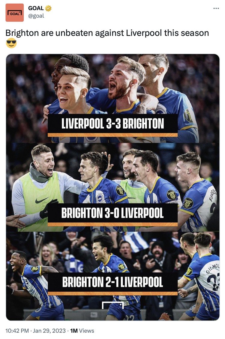 Liverpool Liverpool tersingkir dari Piala FA usai dikalahkan oleh Brighton & Hove Albion.
