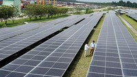 Ketua Kadin Indonesia Arsjad Rasjid bersama Managing Director RGE Group, Anderson Tanoto meninjau pembangunan solar panel di kompleks operasional APRIL, di Pangkalan Kerinci, Provinsi Riau, Selasa (31/1/2023).