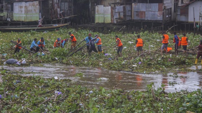 Petugas Bersihkan Sungai Martapura yang Tertutup Tumpukan Sampah Sejumlah petugas dari Dinas PUPR Kota Banjarmasin membersihkan tumpukan sampah yang menutupi Sungai Martapura di Banjarmasin, Kalimantan Selatan, Rabu (1/2/2023). Sampah kiriman dalam dua hari terakhir dari hulu sungai akibat intensitas hujan yang tinggi tersebut menyebabkan arus lalu lintas transportasi sungai tersebut terganggu.