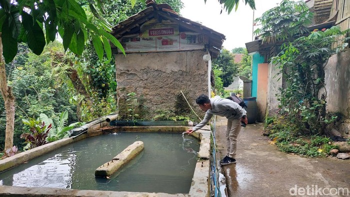 Warga menunjukkan air dari mata air di Kampung Adat Cireundeu, Kota Cimahi.