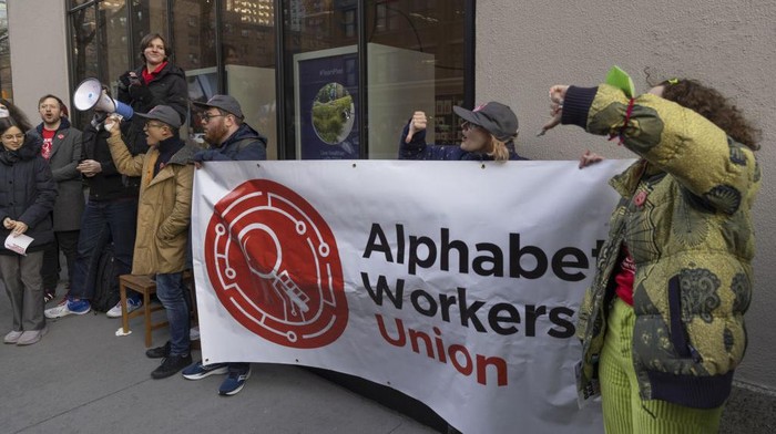 Demonstrators during an Alphabet Workers Union rally in New York, US, on Thursday, Feb. 2, 2023. The protest is in regards to Google's recent layoffs which left 12,000 employees without work. Photographer: Victor J. Blue/Bloomberg via Getty Images