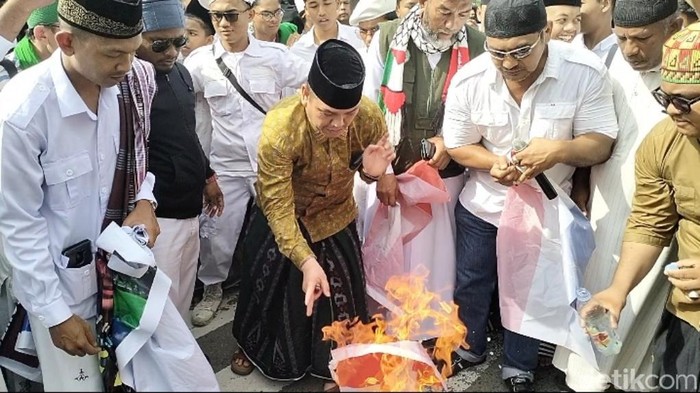 Anggota DPR Aceh membakar bendera Denmark dan Belanda (Agus Setyadi/detikSumut)