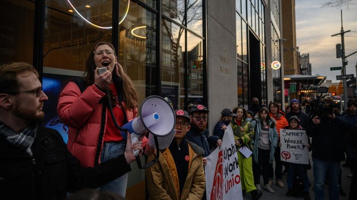 Members of the Alphabet Workers Union (CWA) hold a rally outside the Google office in response to recent layoffs, in New York on February 2, 2023. - Google's parent company Alphabet announced in January it will cut about 12,000 jobs globally, citing a changing economic reality. (Photo by Ed JONES / AFP) (Photo by ED JONES/AFP via Getty Images)