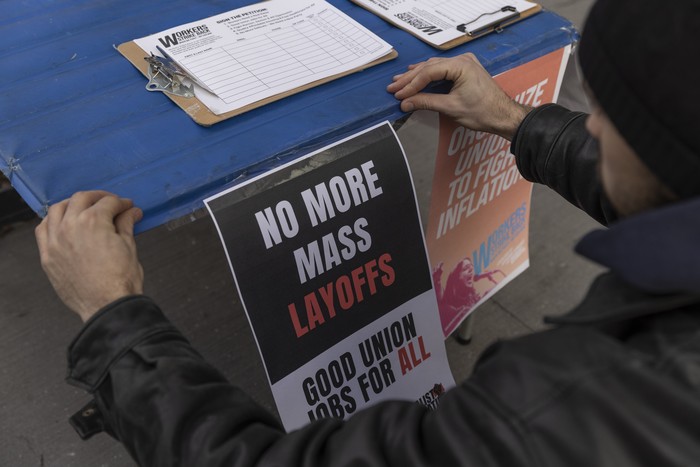 Demonstrators during an Alphabet Workers Union rally in New York, US, on Thursday, Feb. 2, 2023. The protest is in regards to Googles recent layoffs which left 12,000 employees without work. Photographer: Victor J. Blue/Bloomberg via Getty Images
