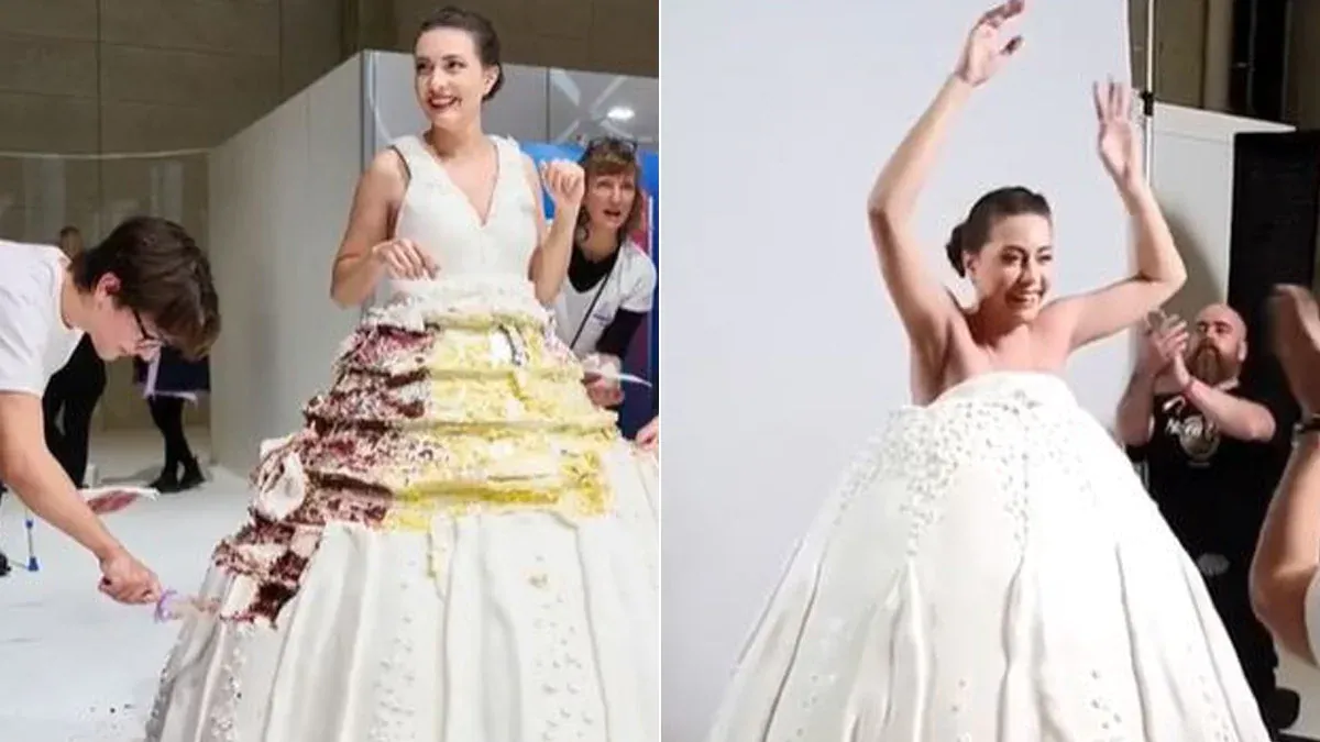 Keren! Gaun Pengantin Ini Dibuat dari Kue Terbesar di Dunia yang Bisa Dimakan