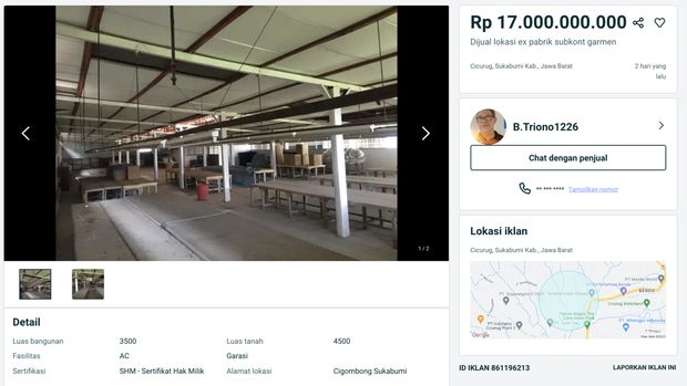 Sebuah Pabrik Garment dijual pada laman toko daring. (Dok. OLX)