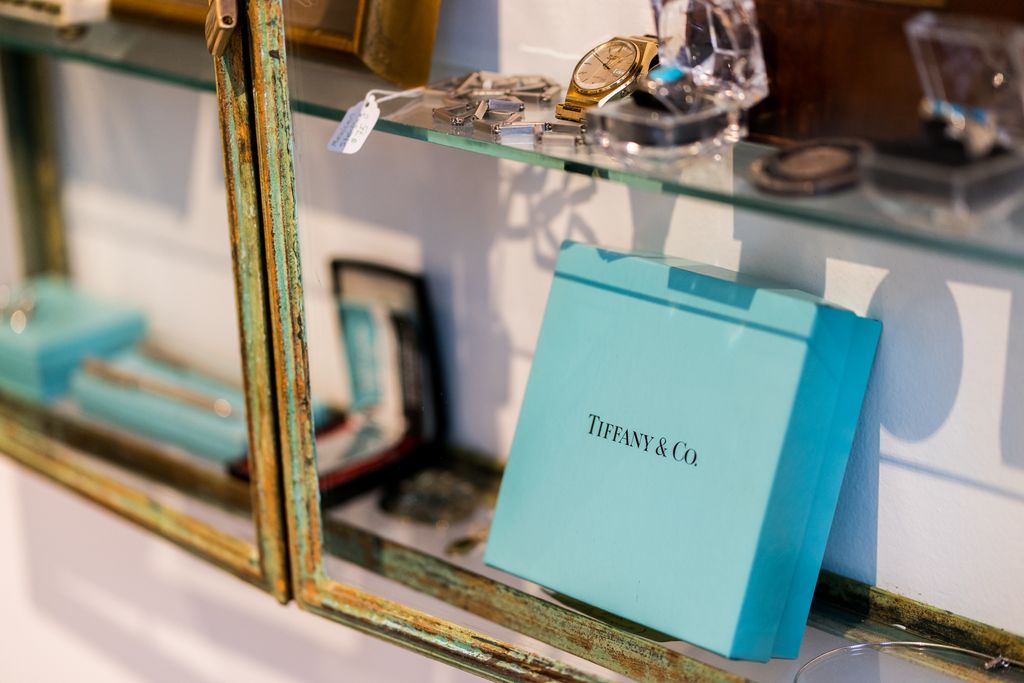 A Tiffany & Co. box displayed at Spellman Gallery in the Upper East Side neighborhood of New York, U.S., on Saturday, Oct. 10, 2020. After running an antique and art appraisal business online for a few months, Glenn Spellman made a rare move in pandemic-stricken New York City: He opened up a physical store. Photographer: Jeenah Moon/Bloomberg via Getty Images