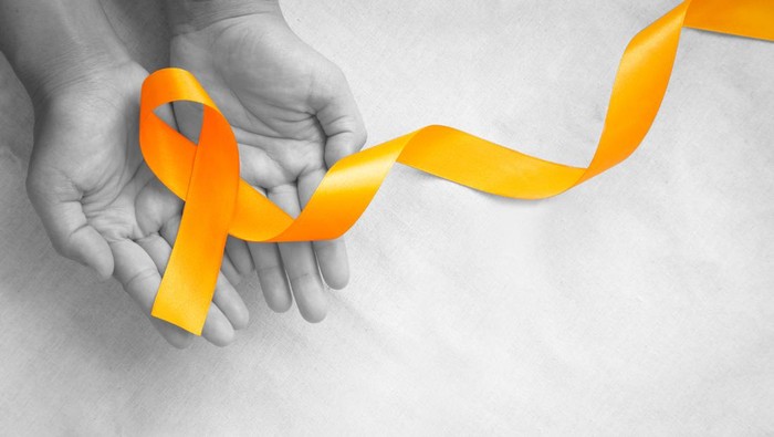 Hands holding orange color ribbon on white fabric with copy space. Kidney Cancer Awareness, Leukemia disease, Skin cancer awareness, World Cancer Day. Healthcare or hospital and insurance concept.