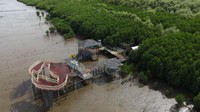 Foto udara kawasan konservasi mangrove di Makassar, Sulawesi Selatan, Sabtu (4/2/2023).