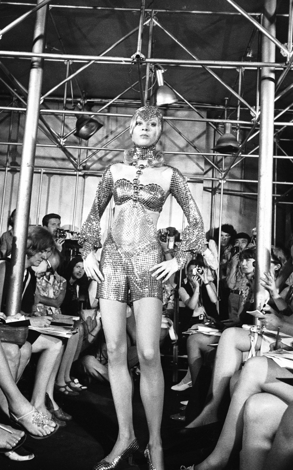 circa 1965:  Spanish born dress designer Paco Rabanne at work on one of his metallic dresses.  (Photo by Keystone/Getty Images)