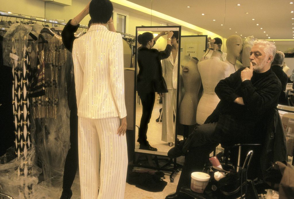 Paco Rabanne at his studio in Paris The fashion designer at a working session with a model  (Photo by Luis Davilla/Cover/Getty Images)