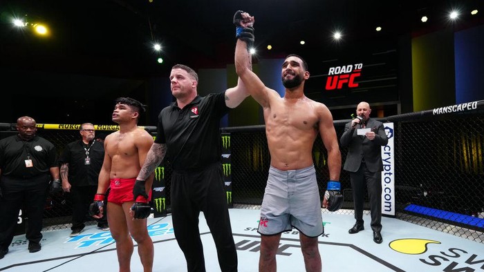 LAS VEGAS, NEVADA - FEBRUARY 04: Anshul Jubli of India reacts after his victory over Jeka Saragih of Indonesia in a lightweight fight during the UFC Fight Night event at UFC APEX on February 04, 2023 in Las Vegas, Nevada. (Photo by Jeff Bottari/Zuffa LLC via Getty Images)