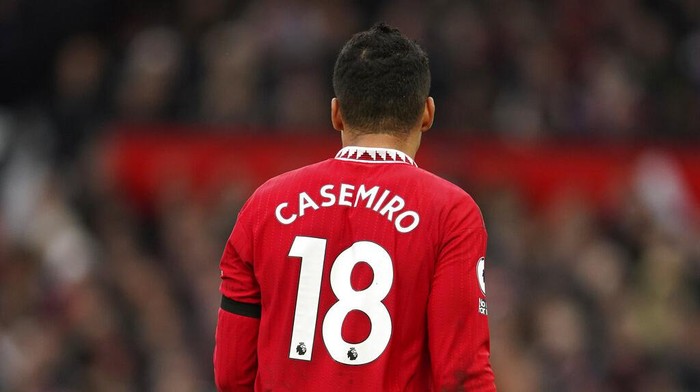 Manchester Uniteds Casemiro looks on during the English Premier League soccer match between Manchester United and Crystal Palace, at the Old Trafford stadium in Manchester, England, Saturday, Feb. 4, 2023. (AP Photo/Dave Thompson)