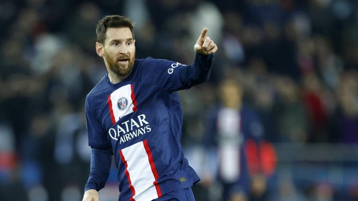 PSGs Lionel Messi reacts during the French League One soccer match between Paris Saint-Germain and Toulouse, at the Parc des Princes, in Paris, France, Saturday, Feb. 4, 2023. (AP Photo/Lewis Joly)