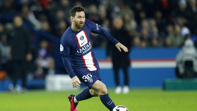 PSGs Lionel Messi reacts during the French League One soccer match between Paris Saint-Germain and Toulouse, at the Parc des Princes, in Paris, France, Saturday, Feb. 4, 2023. (AP Photo/Lewis Joly)