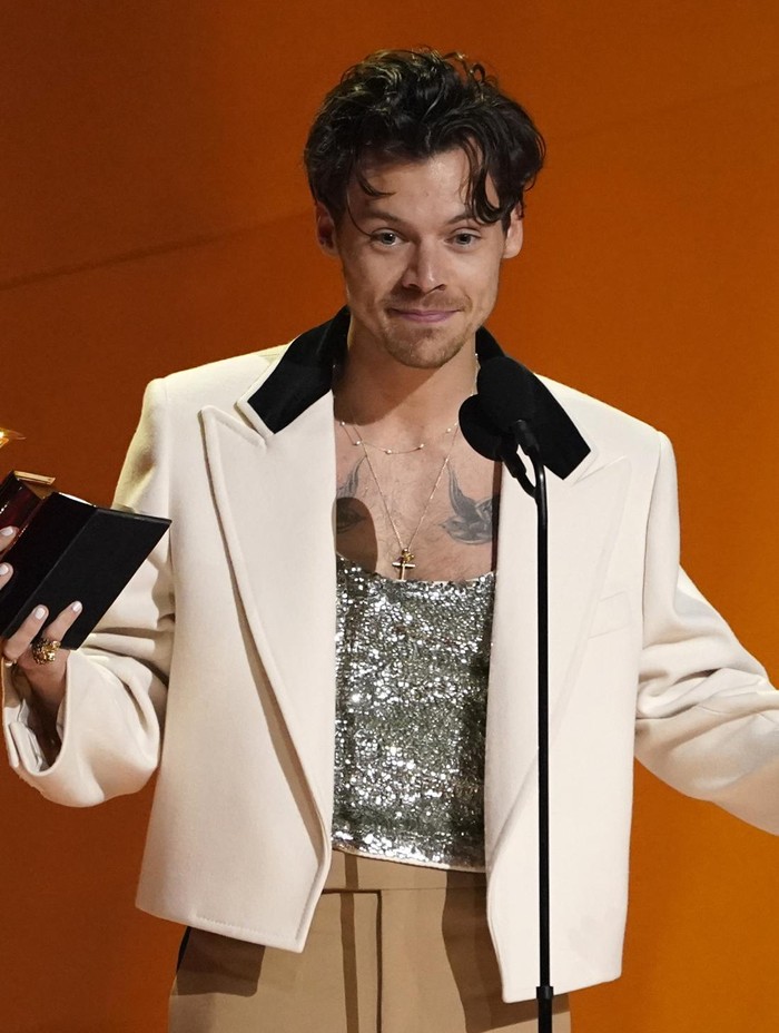 Harry Styles Harry Styles accepts the award for album of the year for Harrys House at the 65th annual Grammy Awards on Sunday, Feb. 5, 2023, in Los Angeles. (AP Photo/Chris Pizzello)