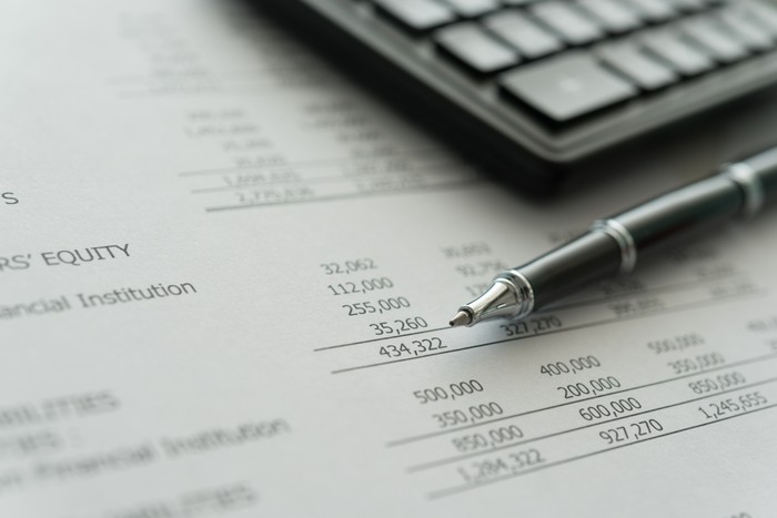 accounting business concept.  pen, calculator, financial statement on accountants desk.