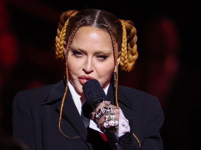 LOS ANGELES, CALIFORNIA  FEBRUARY 5: 65th GRAMMY AWARDS   Madonna speaks on stage at the 65th Grammy Awards, held at the Crytpo.com Arena on February 5, 2023. -- (Photo by Robert Gauthier / Los Angeles Times via Getty Images)